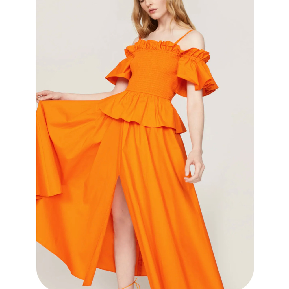 Toccin Orange Midi Dress SMALL Smocked Cottage Ruffle Cotton Designer $500 - Picture 3 of 11